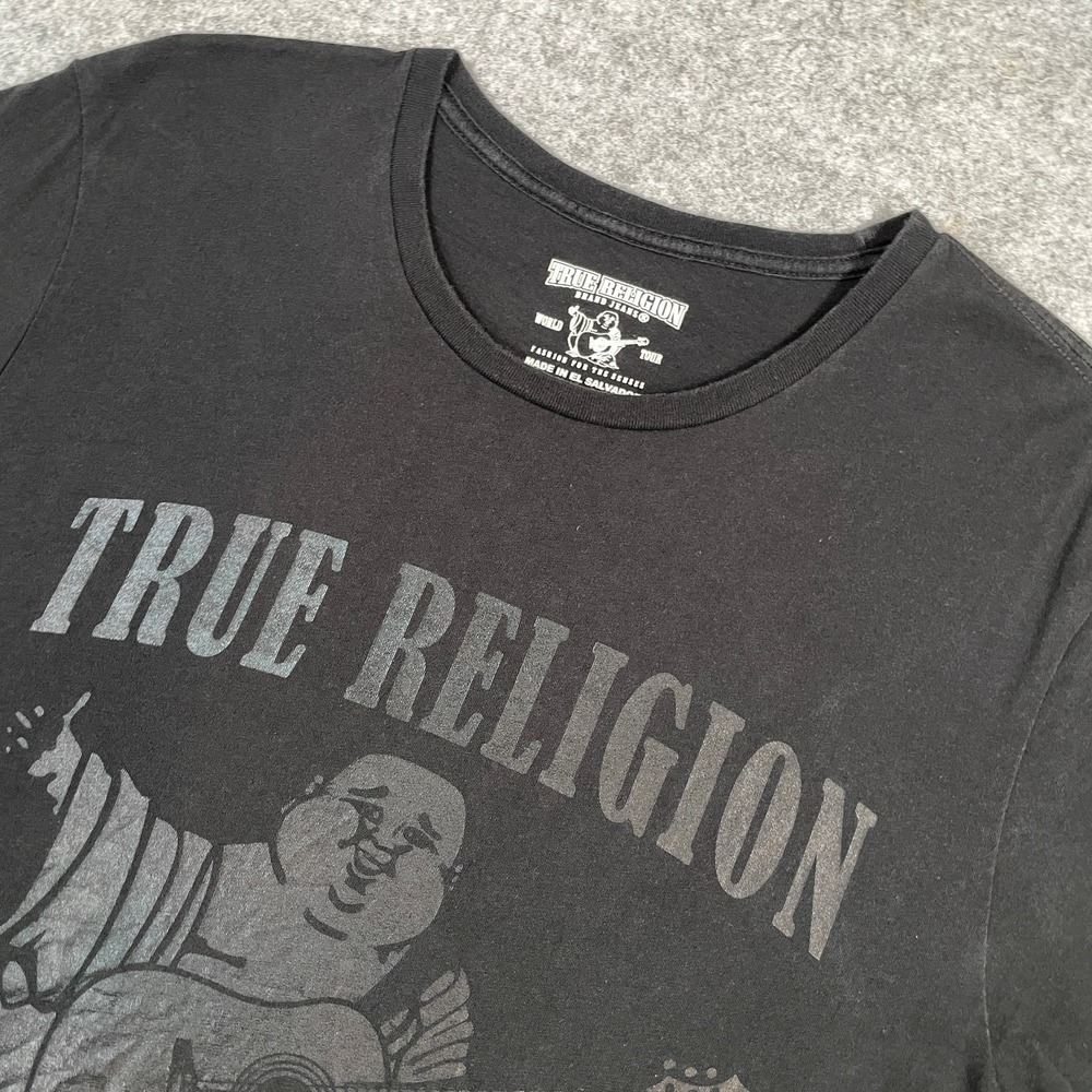 True Religion Mens T-Shirt L Black Graphic Buddha Guitar World Tour Tee